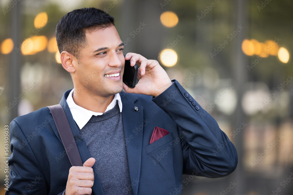 Poster business man, phone call with communication and networking with smartphone outdoor and technology in