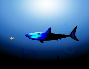 Obraz premium Big shark eating small fish at the underwater in a vector illustration. 