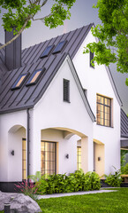 3d rendering of cute cozy white and black modern Tudor style house with parking  and pool for sale or rent with beautiful landscaping. Fairy roofs. Clear summer evening with cozy light from window