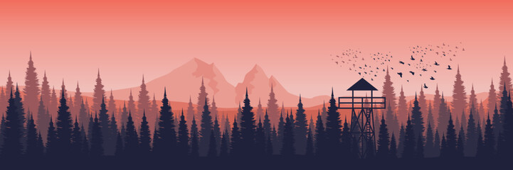 sunrise panorama in the mountains with tree silhouette vector flat design illustration good for wallpaper, background, backdrop, banner, print, and design template