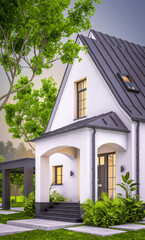 3d rendering of cute cozy white and black modern Tudor style house with parking  and pool for sale or rent with beautiful landscaping. Fairy roofs. Clear summer evening with cozy light from window
