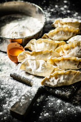 Raw dumplings gyoza on a cutting board with eggs and flour. 