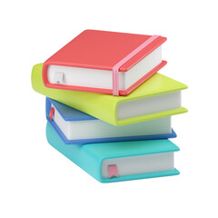3D render of a stack of brightly colored books with a bookmark. A pile of textbooks, notebooks, books. A symbol of learning, school, business. Isolated illustration on a gray background.