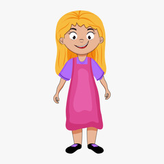 A blonde girl with flowing hair in a pink sundress and sandals smiles and looks ahead. Vector stock illustration. isolated. Cartoon. Character. Children and fun