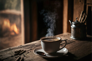 Fototapeta premium cup of coffee on the table in an old cozy rustic shed, generative ai