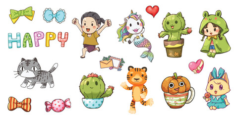 Set of cute design element cartoon on a white background, cartoon illustration of kid, animal and other cute elements. characters cartoon for perfect use on T Shirts, bags, and other printed media.