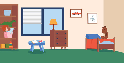 Clean kids bedroom with bed, shelves and toys - cartoon flat vector illustration.