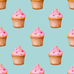 Seamless pattern with cupcakes on a blue background. Watercolor design for Valentine's Day, Birthday, Wedding, Anniversary. Ideal for printing on packaging, wrapping, stationery, fabrics, textiles..