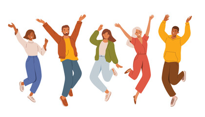Group of happy people jumping. Men and women in casual clothes celebrating and dancing. Vector illustration
