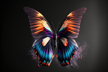 Fototapeta na wymiar Beautiful colorful butterfly with colorful spray, close-up, macro, on a black isolated background with gradient, generative AI