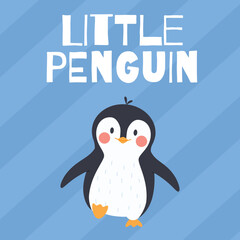 Little penguin banner or posters template flat cartoon vector illustration.