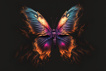 Beautiful colorful butterfly with colorful spray, close-up, macro, on a black isolated background with gradient, generative AI