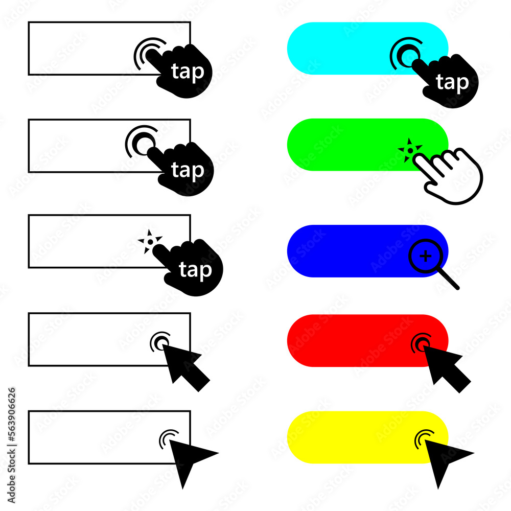 Poster click here button with hand clicking icon. mouse pointer. vector illustration. clicking finger