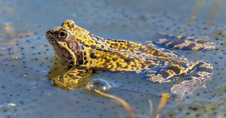 European Common brown Frog Rana temporaria with eggs