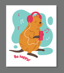 Poster or greeting card with cute quokka listening music flat style