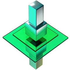 Green metal and glass stylish cubic and flat combined object abstract, dramatic, passionate, luxurious and exclusive isolated 3D rendering graphic design elemental background material