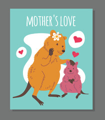 Cute poster with quokkas about mother's love flat style, vector illustration