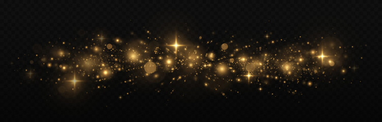 Sparkling space magical dust particles. The dust sparks and golden stars shine with special light. Glitter bokeh lights isolated on a transparent background.