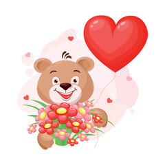 cute teddy bear in love with a red heart in a cartoon style. Happy Valentine's Day greeting card. Vector illustration.