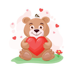 Obraz na płótnie Canvas cute teddy bear in love with a red heart in a cartoon style. Happy Valentine's Day greeting card. Vector illustration.