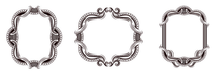 Collection of vintage frames with empty space for text. Openwork frames for decorating cards, menus, invitations. Vector set of decorative backgrounds.