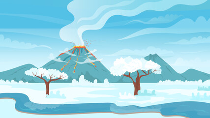 Volcano landscape with snow in winter vector illustration. Cartoon frozen scenery with mountains and active exploding volcano, trees and river, eruption with volcanic gas, lava and fire on horizon © Flash Vector