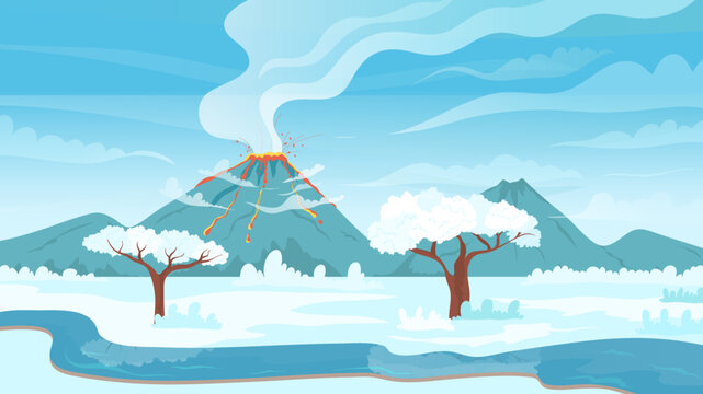 Volcano landscape with snow in winter vector illustration. Cartoon frozen scenery with mountains and active exploding volcano, trees and river, eruption with volcanic gas, lava and fire on horizon