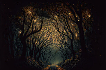 An illustration of a haunted fantasy forest at night. Enchanted fairytale with tree silhouettes. Generative AI