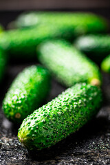 Ripe little cucumbers on the table. 