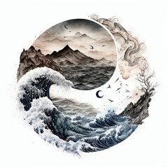 Yin yang design with mountains and sea or ocean. Concept of duality. Watercolor tattoo or logo project. Ai llustration, fantasy digital painting , artificial intelligence artwork - obrazy, fototapety, plakaty