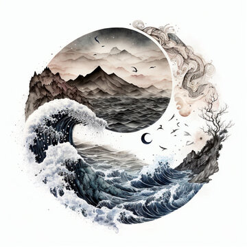 Yin yang design with mountains and sea or ocean. Concept of duality. Watercolor tattoo or logo project. Ai llustration, fantasy digital painting , artificial intelligence artwork