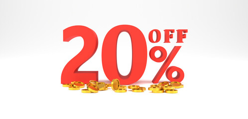 3D Rendering. 20 percent off with gold coin and white background. Special Offer 20% Discount Tag. Super sale offer and best seller.