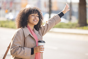 Taxi, coffee and commute with a business black woman calling or hailing a cab outdoor in the city. Street, travel and transport with a female employee commuting via ride share in an urban town