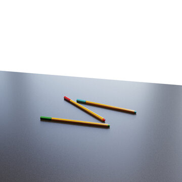 Pencil, fineliner, red, blue, green, noise surface, 3d render