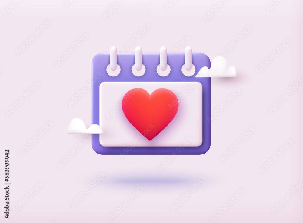 Poster calendar vector icon with red heart. notes reminder. 3d web vector illustrations.