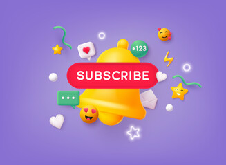 Subscribe, bell button and hand cursor. Red button subscribe to channel, blog. 3D Web Vector Illustrations.