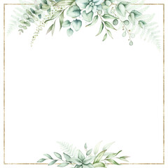 Obraz premium Watercolor floral frame with green eucalyptus leaves.