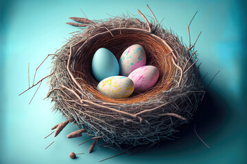 Obraz premium colorful easter eggs in nest, generative ai
