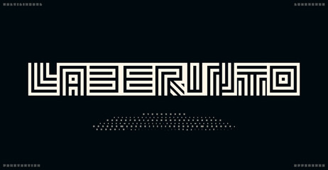 Labyrinth multilingual alphabet, geometric maze typeface, abstract path font for line architect logo, construction headline, puzzle game typography, tube letters. Vector typographic design