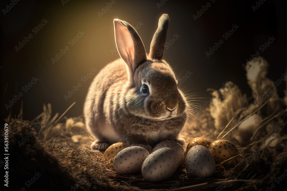 Wall mural cute easter bunny with easter eggs, generative ai - Wall murals