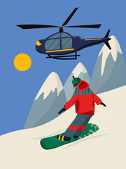 Snowboarder on the slope of the mountain. Heli ski. Winter sports. Skiing. Freeride. Vector illustration