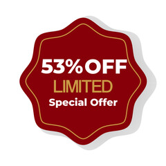53 % off inscription Special offer golden color Limited  with red abstract figure on white background. Vector illustration