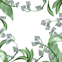 Square frame with watercolor lily of valley flowers
