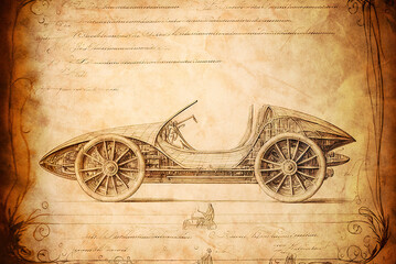 Sketch of vintage car prototype design, Leonardo da Vinci inspired, generative ai