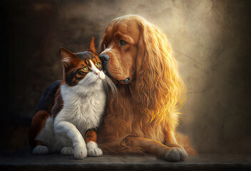 Cat and dog friends love. Painting, generative ai