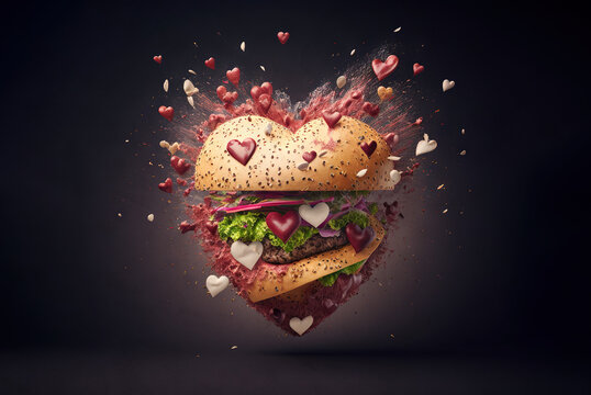 Burger in heart shape with little hearts exploding, generative ai