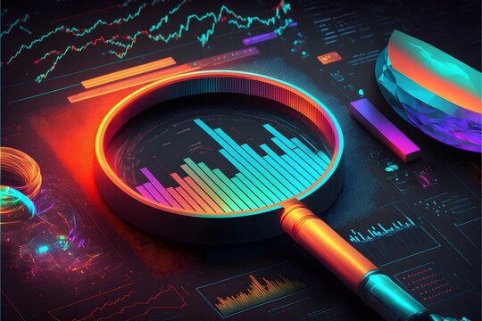 Neon Style Magnifying Glass With Bar Chart, Pie Chart And Documents