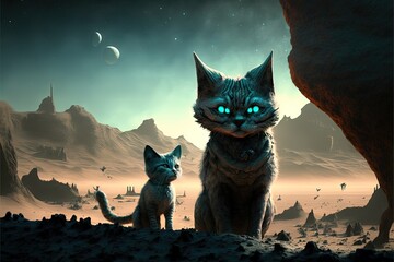 Alien cats in alien planet, illustration generative ai
