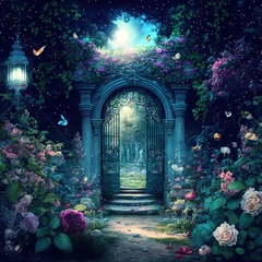 Wanddecoratie Sprookjeswereld Magic fairytale garden with arch and stairs, generative ai  © Photocreo Bednarek