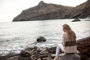 The back view of the woman, a girl with hinged hair admires beautiful nature sea or ocean and rocks